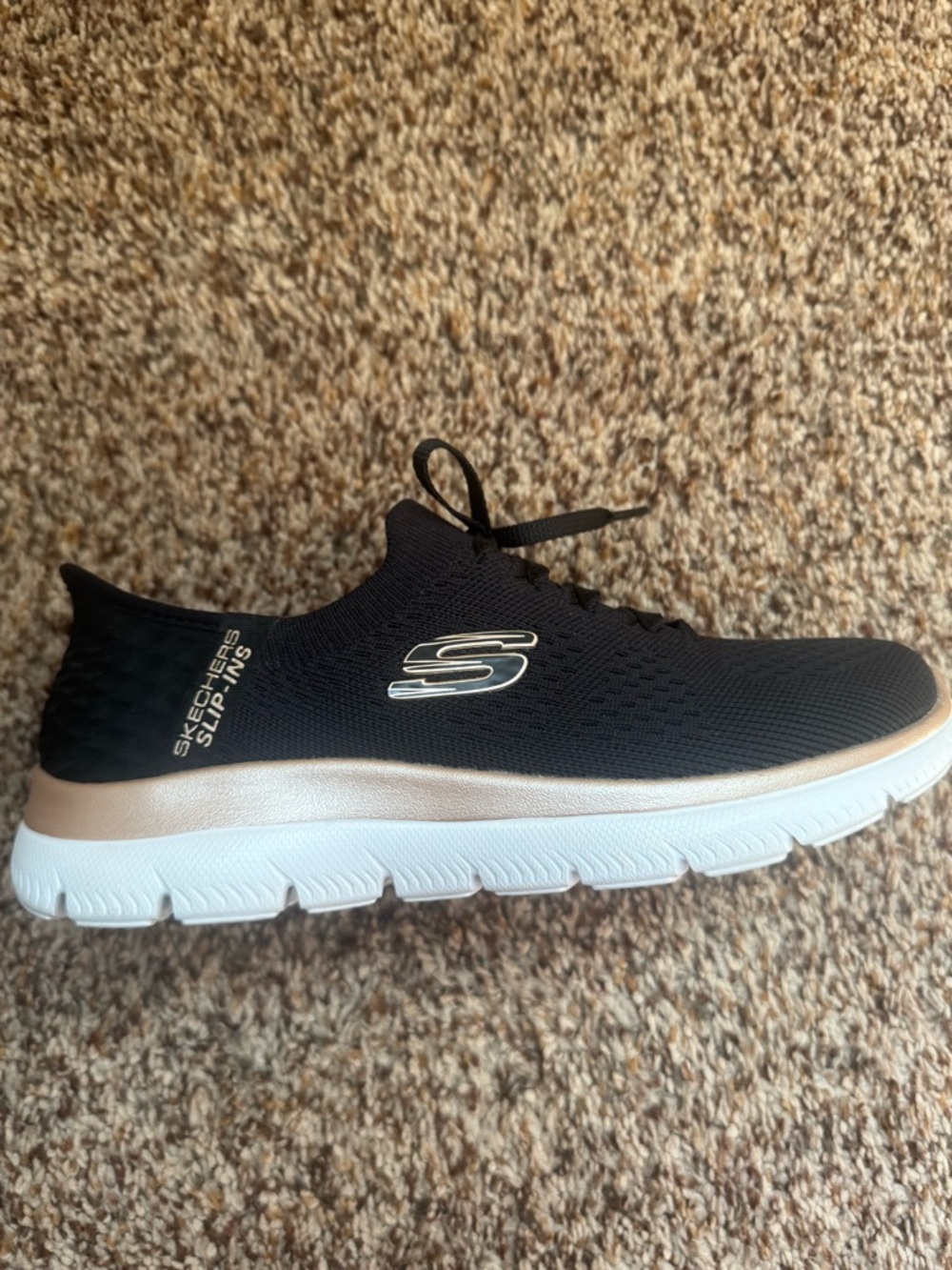 Skechers Women’s Black Knit Slip-On Sneakers with White Sole and Metallic Accent